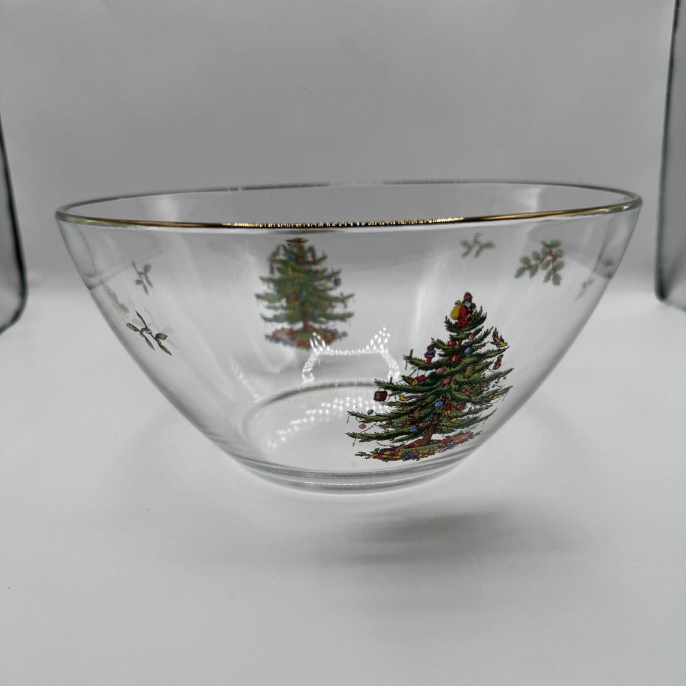 Spode Christmas Tree Clear Glass Gold-Rimmed 9" Salad Serving Bowl Vintage